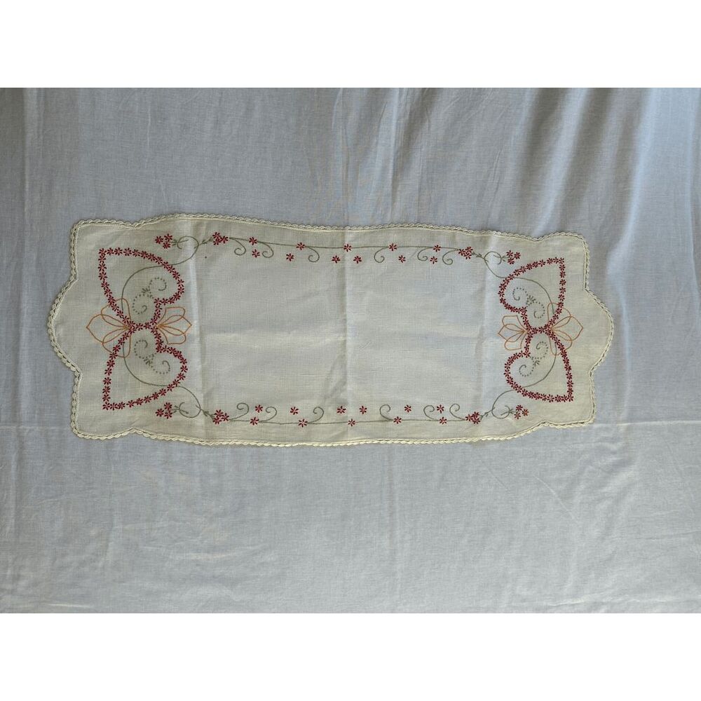 Vintage Embroidered Off White Table Runner,  35x14 inches, Hearts, Flowers